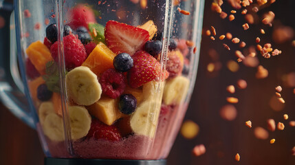 Fresh fruits blended together in a glass container with vibrant colors, including strawberries, bananas, blueberries, and raspberries with granola sprinkled around.