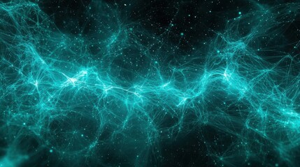 An abstract cosmic or subatomic scene with scattered stars connected by varying lines,