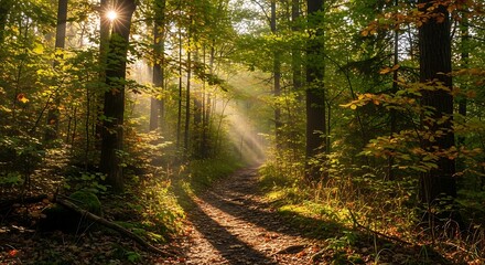 Fototapeta premium Sunlight Streams Through a Forest Path.