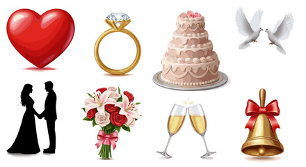 Illustration of wedding related items including cake and couple silhouette