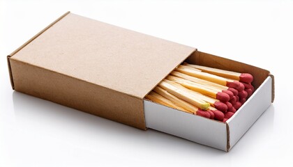 open cardboard box with wooden matches isolated on white or white background