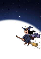 Cheerful cartoon witch flies on broomstick across starry night sky, wearing pointed hat and scarf. background features bright moon and twinkling stars, creating whimsical atmosphere