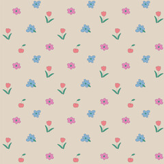 Cute ditsy spring floral seamless pattern. Simple hand-drawn field flowers with tulips and daisies on a beige background for nursery decor, kids' fabric, and apparel.