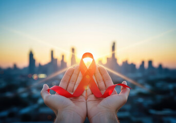 Pair of hands gently holds red awareness ribbon against city skyline at sunset, symbolizing hope and support. warm glow of sun creates serene and uplifting atmosphere
