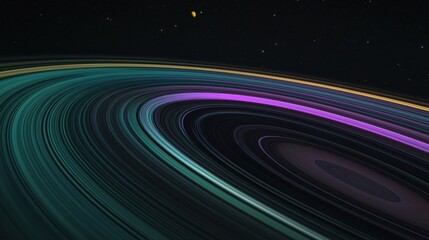 Artistic depiction of a gas giant planet with colorful concentric rings, transitioning from greens to vibrant oranges,