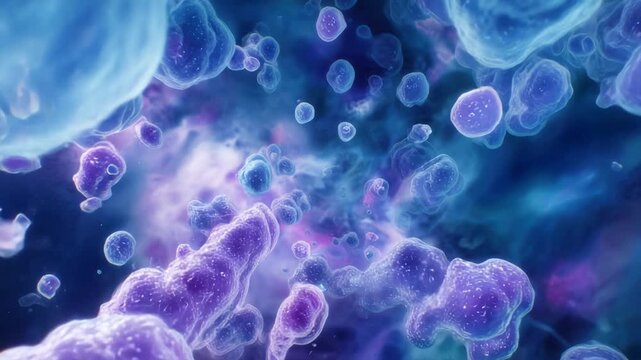 Microscopic organisms are showcased in vivid colors, revealing their complex structures and behaviors in a captivating digital space filled with swirling patterns and light effects