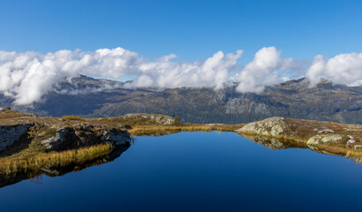 Panorama of blue lake during sunny day at Hardangerfjord in Norway