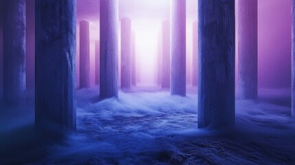 Surreal scene under a pier with vertical columns in purple and blue hues,