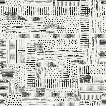 Abstract hand-drawn seamless pattern. Modern minimalist patchwork of organic lines, dots, and textures in monochrome black and white for contemporary fabric and home decor.
