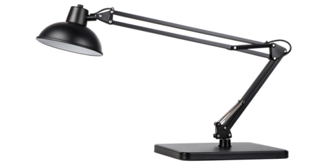 A black adjustable desk lamp with a dome shaped shade on a black background in a studio setting