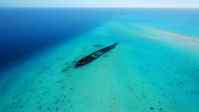 Aerial view of a shipwreck in shallow turquoise water near a sandbar - Powered by Adobe