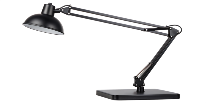 A black adjustable desk lamp with a dome shaped shade on a black background in a studio setting