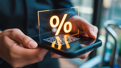 Discount Scan: A person holds a phone displaying a percentage symbol and QR code for savings.