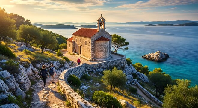 Picturesque Coastal Church at Sunset in Croatia.