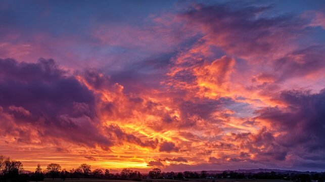 peace. A breathtaking sunset sky panorama with vibrant warm hues and glowing clouds. inspiring travel planning, travel magazines, designed for travel destination branding, inspires travel planning.