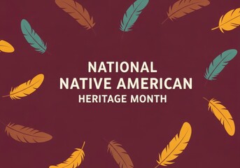 flat design background for national native american heritage month. stylized feathers in muted colors on maroon backdrop. november celebration. banner, poster with text