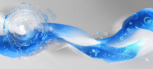 Abstract digital background with flowing blue waves and intricate white patterns