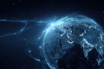 A detailed digital rendering of Earth, illuminated and surrounded by glowing, interconnected lines