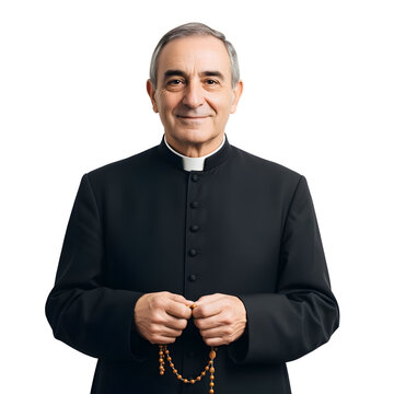 A middleaged priest in a black suit holds a rosary on white or transparent background