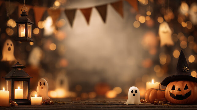 Festive Halloween decoration, glowing jack o lantern and ghost figure on wooden surface with candles and pumpkins, blurred backdrop, text space.