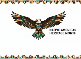 Obraz premium stylized eagle with tribal patterns celebrating native american heritage month. geometric illustration on white background with traditional borders. banner, poster.