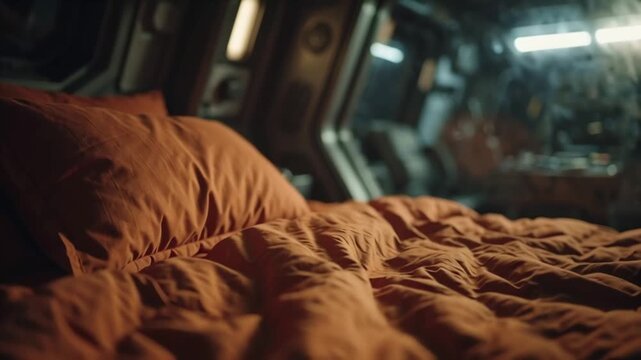 Cozy spaceship interior with rumpled orange bedding, evoking a sense of futuristic comfort and domesticity