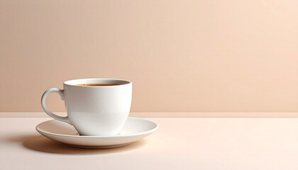 Simple minimalist photo of a white coffee cup with saucer on neutral beige background, filled with hot coffee, perfect for food, cafe, or lifestyle design.