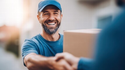 A cheerful delivery man smiles as he hands over a package to a customer, shaking hands.