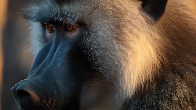 A baboon gazes into the distance under the warm light of sunset in the African savannah. The animal's detailed features and intense eyes are captured, showcasing its wild beauty