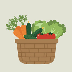 Basket with fresh vegetables, carrots, cucumbers, tomatoes and lettuce.  healthy food.