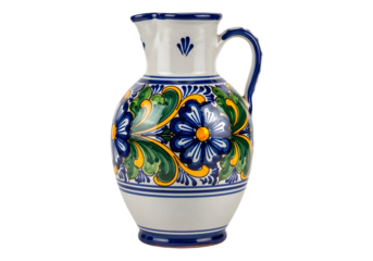 Decorative ceramic pitcher with blue floral design and handle on white or transparent background