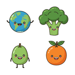 Obraz premium Cute cartoon earth, broccoli, guava, and orange characters on a white background.