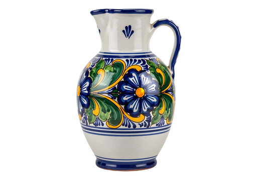 Decorative ceramic pitcher with blue floral design and handle on white or transparent background