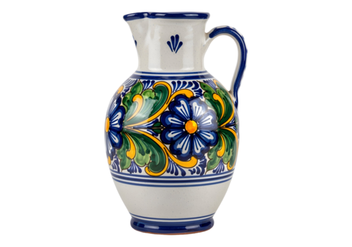 Decorative ceramic pitcher with blue floral design and handle on white or transparent background