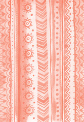Ethnic abstract striped background. Coral pink raster watercolor ornate backdrop.