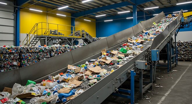 Recycling Plant Conveyor Belt: Sorting and Processing Waste Materials - Powered by Adobe