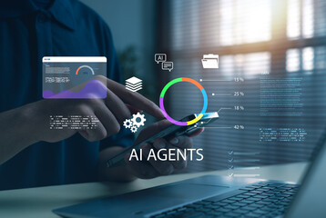 Using AI agents technology with smartphone and laptop to enhance business analytics, digital automation, artificial intelligence innovation, and data-driven productivity solutions.