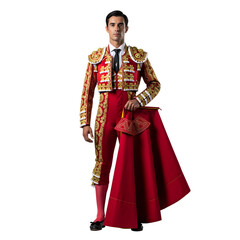 Matador stands in an elaborate red suit holding a cape on white or transparent background