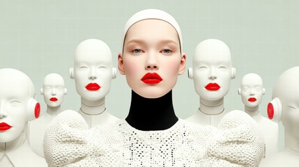 The woman's striking red lips and calm expression define the modern surreal artwork.