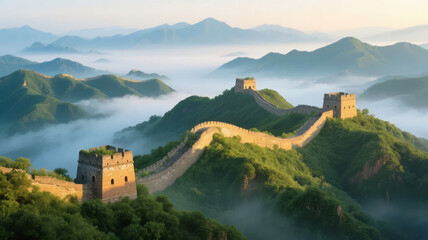 National Day: The Great Wall with a Sea of Clouds at Sunrise, Magnificent Travel Background