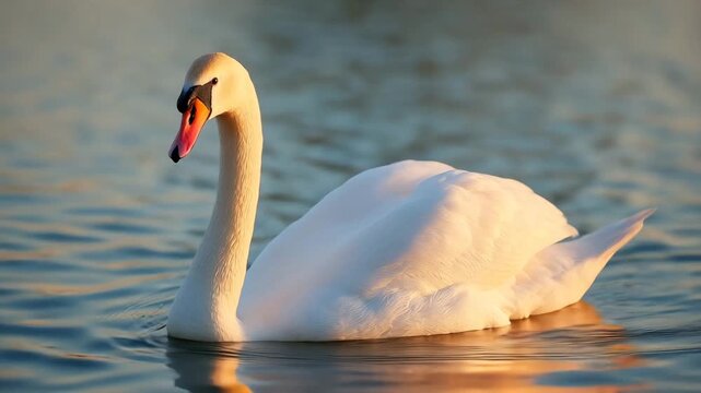 A beautiful swan swims effortlessly on still water as the sun sets in the background, creating a tranquil atmosphere in the park. It's a peaceful moment in nature