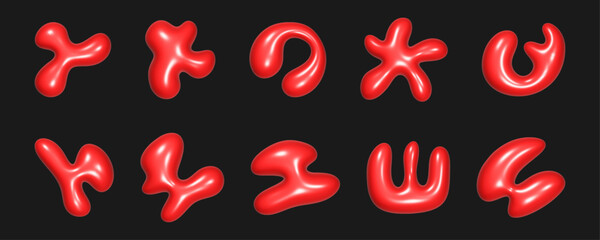 Colorful arrangement of abstract 3d liquid shapes with a glossy, reflective texture. The smooth forms create a striking visual contrast against a dark background, highlighting their unique designs.