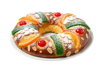 Rosca de Reyes a ringshaped bread is adorned with candied fruits almonds and powdered sugar served on a white plate on white or transparent background