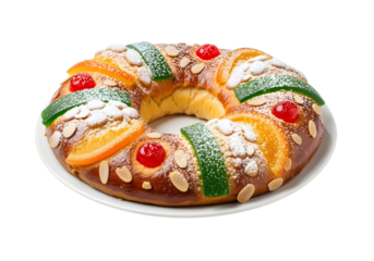 Rosca de Reyes a ringshaped bread is adorned with candied fruits almonds and powdered sugar served on a white plate on white or transparent background