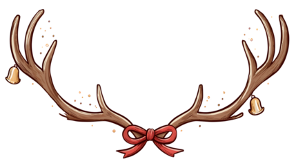 Cartoon reindeer antlers with red bow and golden bells, festive and playful design for Christmas decoration and holiday greeting cards.