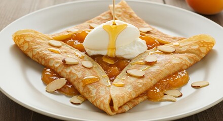 Crepes with Ice Cream and Syrup on a White Plate