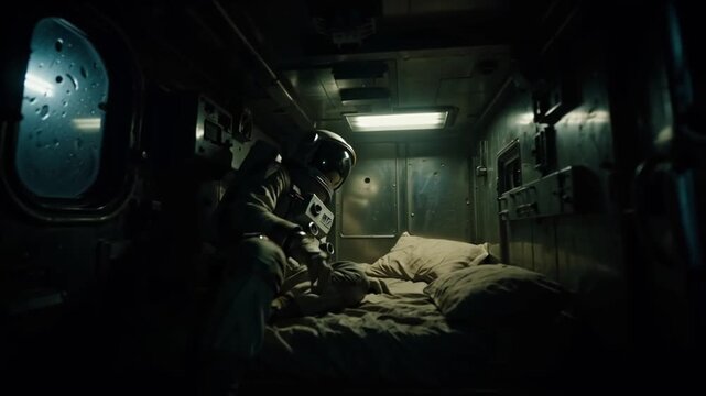 An astronaut rests in their dimly lit cabin, contemplating the vastness of space and their solitary journey