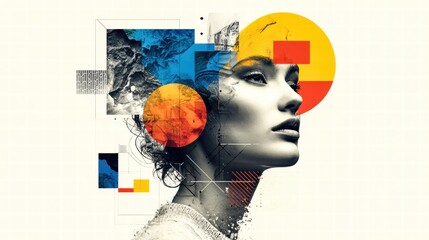 Digital artwork showcasing a woman's profile adorned with geometric shapes and vibrant colors.