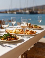 Fototapeta premium Greek seaside tavern table set on a sunny port with traditional food