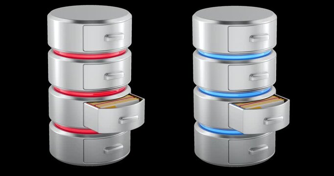 Database server icon with metallic drawers and red folder inside the drawer, animation seamlessly loopable. 3D rendering isolated on transparent background